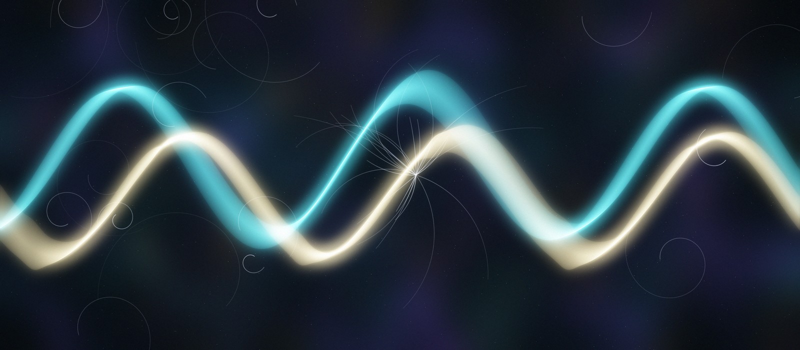 A gold stream and a cyan stream of light crossing in deep space, glowing where they meet