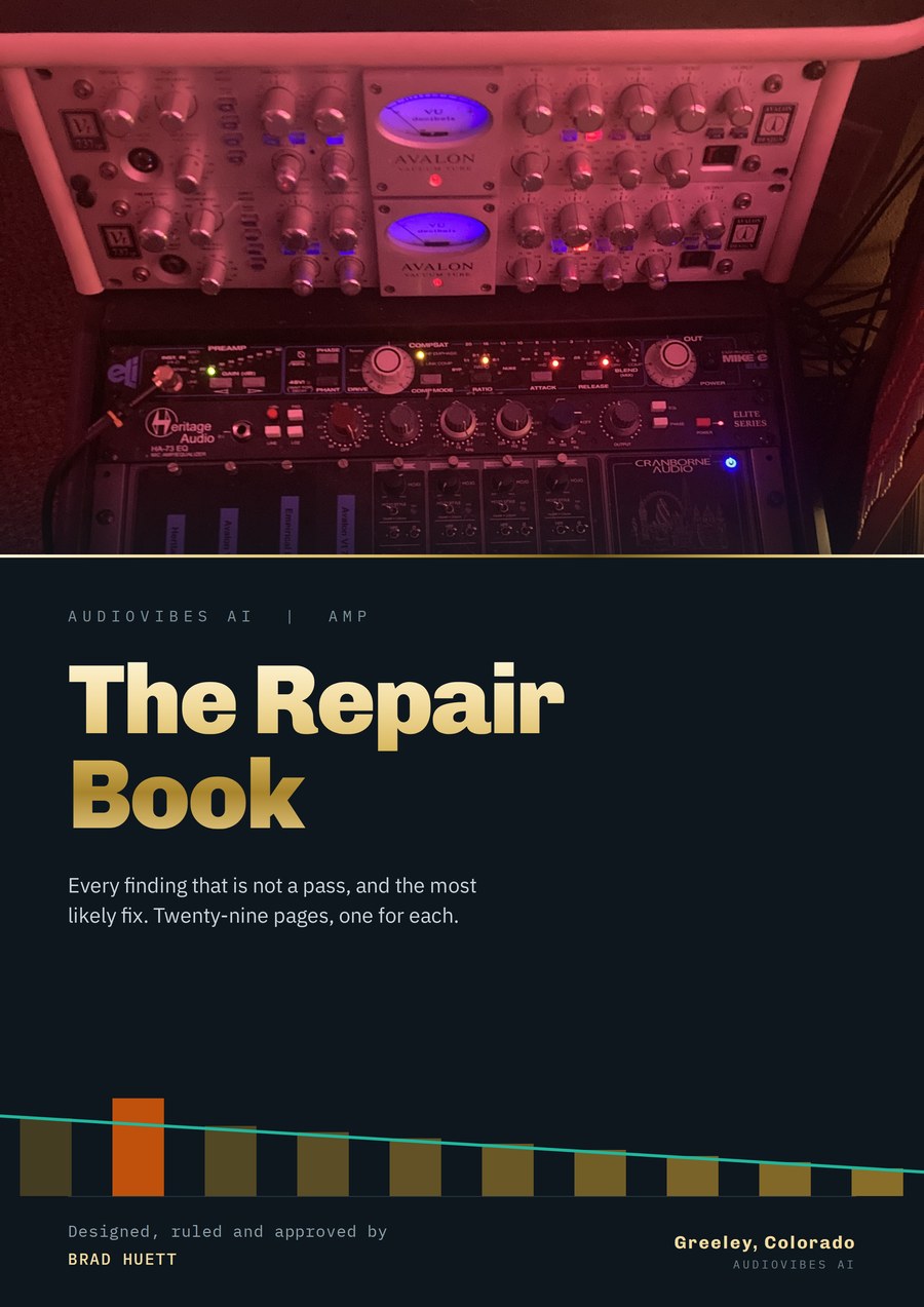 Cover of The Repair Book: the studio's outboard rack lit red and
                blue above champagne-gold title type on near-black, and a row of
                octave bands with one, in orange, standing out.